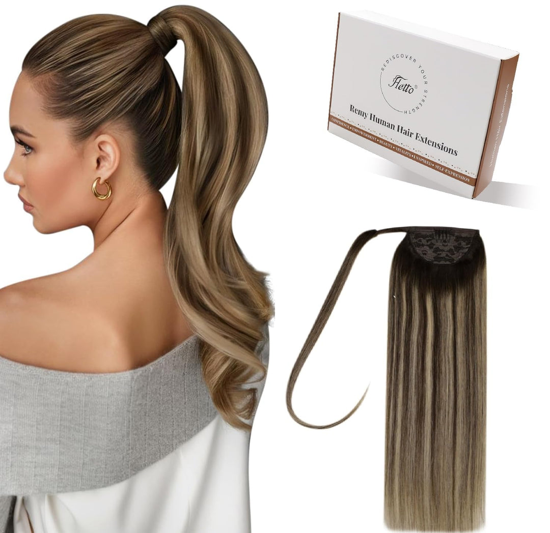 Hetto Ponytail Extension Echthaar Mittelbraun zu Warmblond Balayage 35cm 70g - Volles Pferdeschwanz