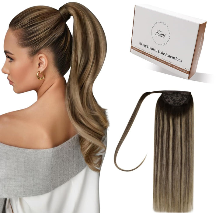 Hetto Ponytail Extension Echthaar Mittelbraun zu Warmblond Balayage 35cm 70g - Volles Pferdeschwanz