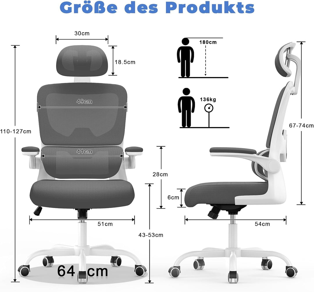naspaluro Bürostuhl, Ergonomischer Schreibtischstuhl mit Verstellbarer Kopfstütze, Armlehnen, Dynami