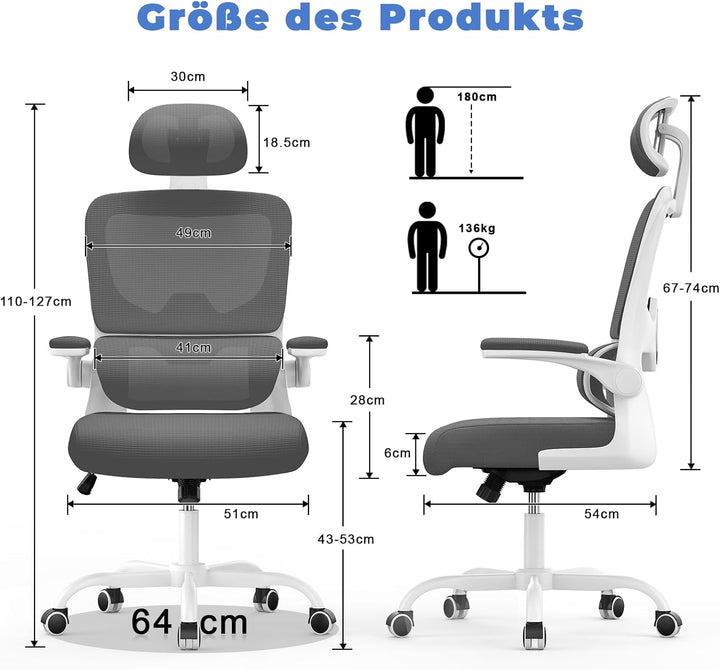 naspaluro Bürostuhl, Ergonomischer Schreibtischstuhl mit Verstellbarer Kopfstütze, Armlehnen, Dynami