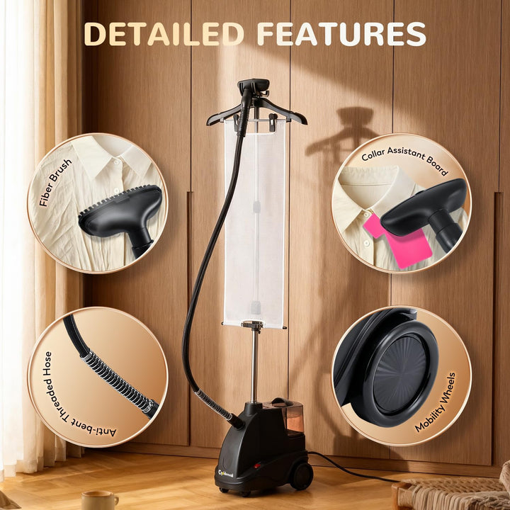 CGOLDENWALL 1500W Vertikales Dampfglätter, 2.9L Abnehmbarer Wassertank, 40s Schnelles Aufheizen, Dua
