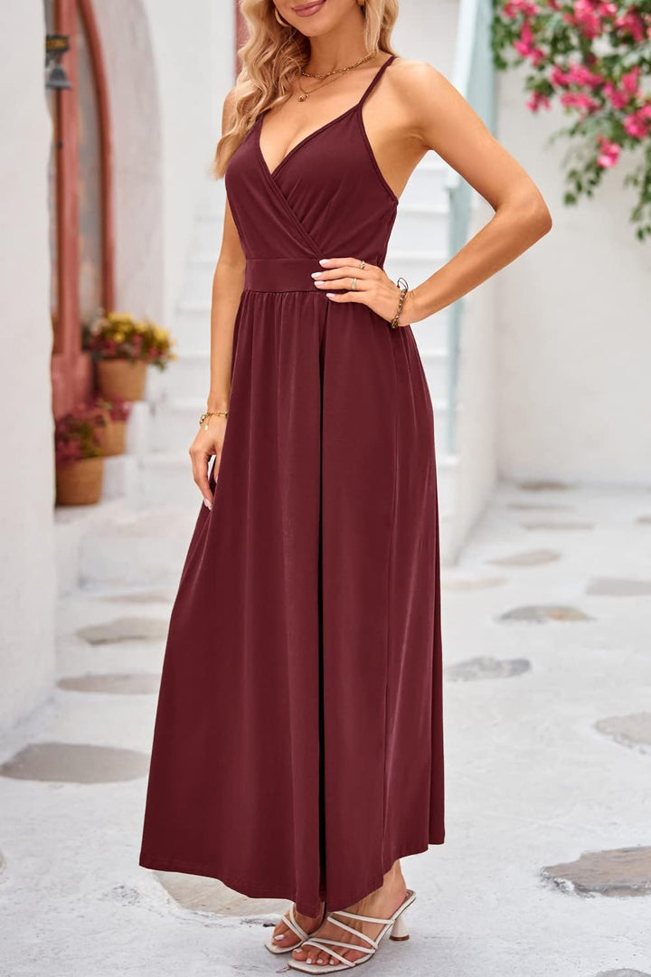 OUGES Damen Sommerkleid V-Ausschnitt Maxikleid Rückenfreies High Waist Spaghetti Strap Freizeitkleid