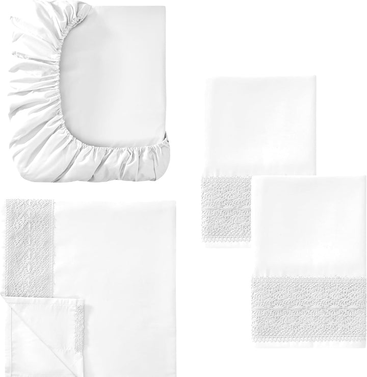 Amrapur Overseas 1MFLACEG-WHT-FL Bettwäsche-Set, Häkelspitze, 4-teilig, Weiss Weiss Full, Weiss Full