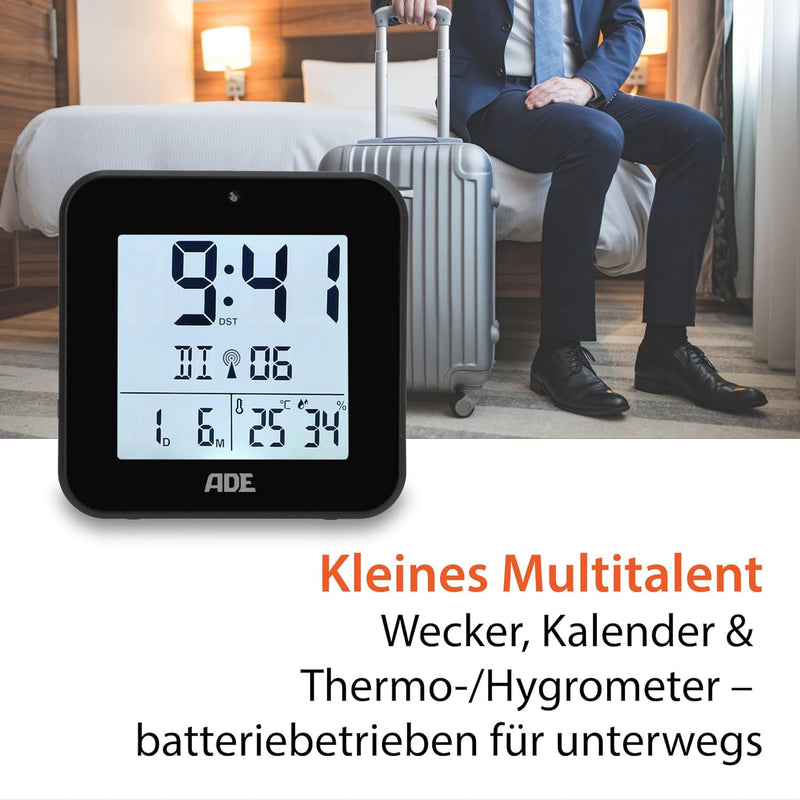 ADE Funkwecker digital mit Batterie | 2 Weckzeiten | Temperaturanzeige | Luftfeuchtigkeit | Reisewec