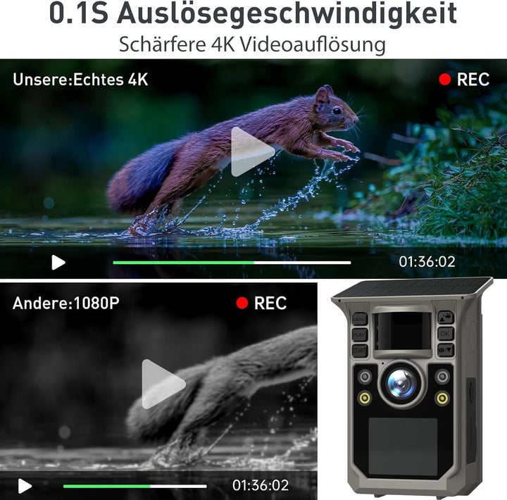 Wildkamera mit Handyübertragung APP, Solar WLAN 4K HD Video 64MP Eingebaute 7500mAh Wiederaufladbare