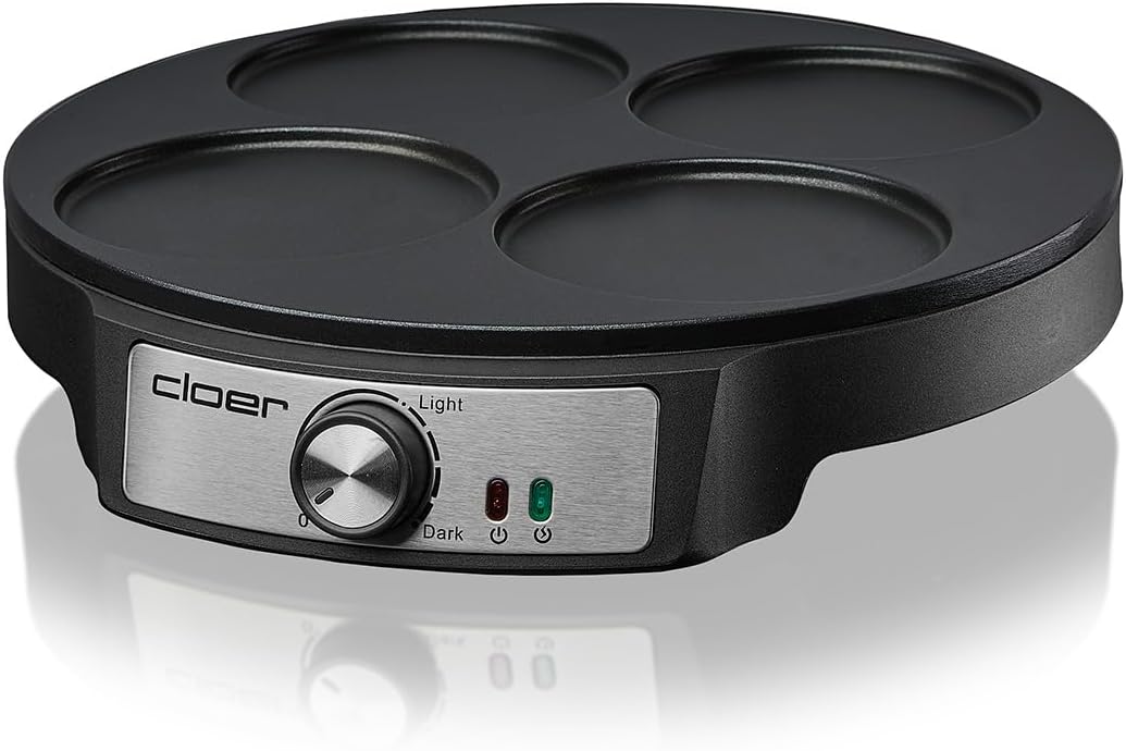 Cloer 6625 Pancake Maker, Mini Pancakes, für 4 kleine Pfannkuchen je 11 cm Ø, 1200 W, Antihaftbeschi