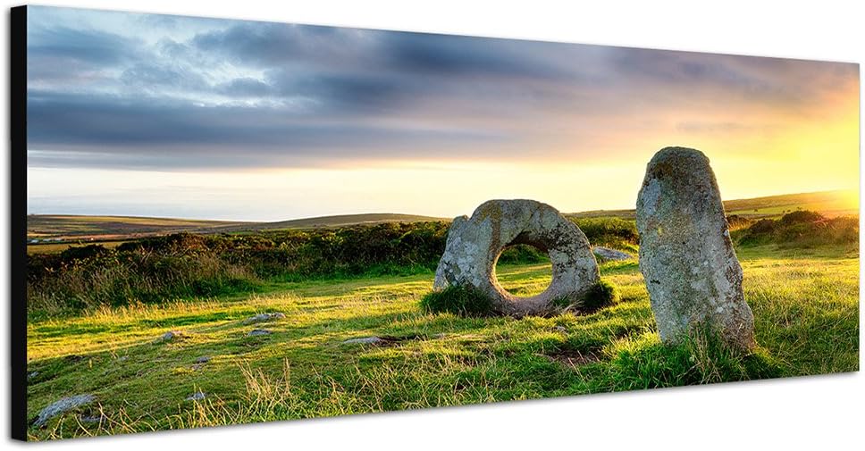 Paul Sinus Art Panoramabild auf Leinwand und Keilrahmen 150x50cm England Men-an-Tol-Steine Wiese Abe