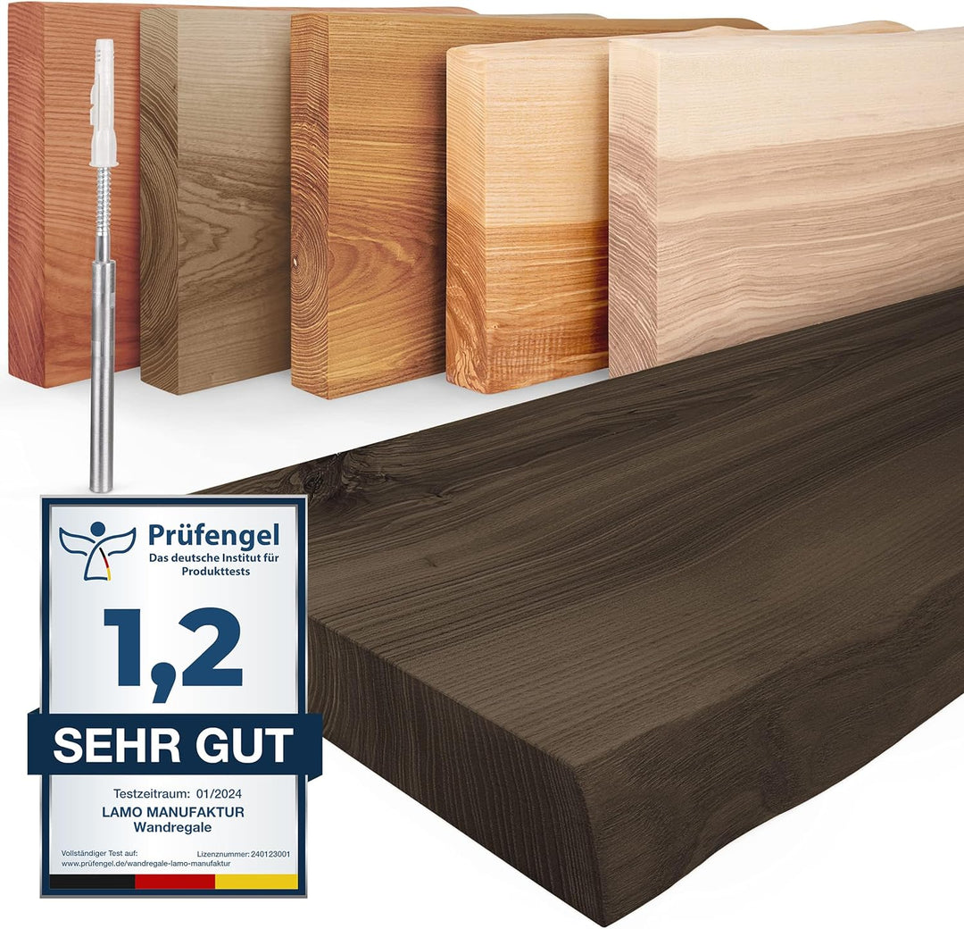 LAMO Manufaktur Wandregal Holz Baumkante | Regal Farbe: Schwarz | Invisible: Schweberegal | 60 cm In