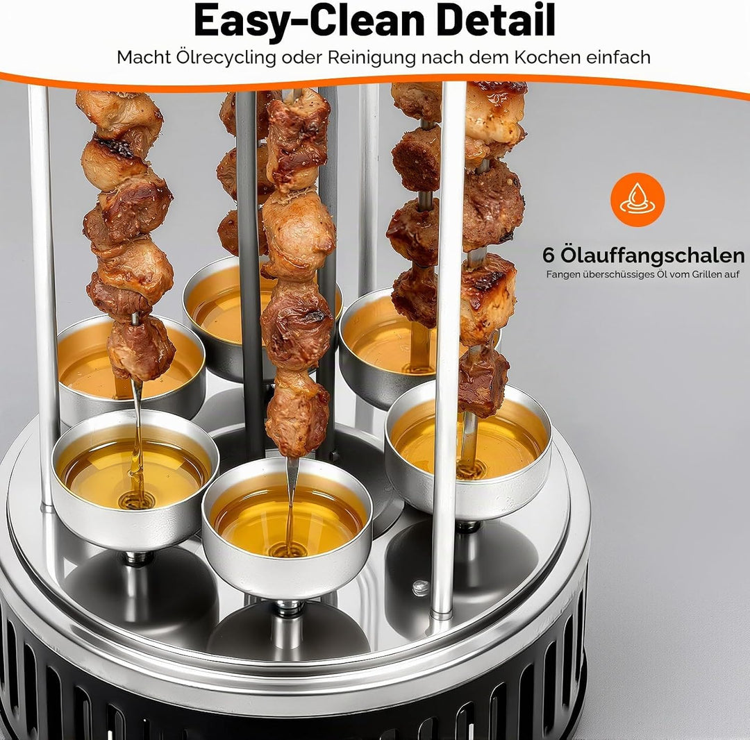 Elektrischer Grill, 1000W Vertikaler Elektrogrill Schaschlikgrill mit 6 Schaschlikspiesse, BBQ Verti