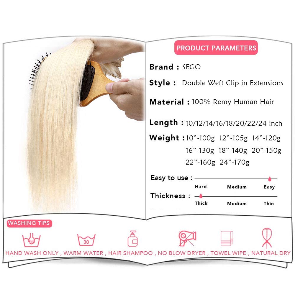 SEGO Clip in Extensions Echthaar Haarverlängerung Haarteil Doppelt 8 Tressen hitzebeständig glatt Pl