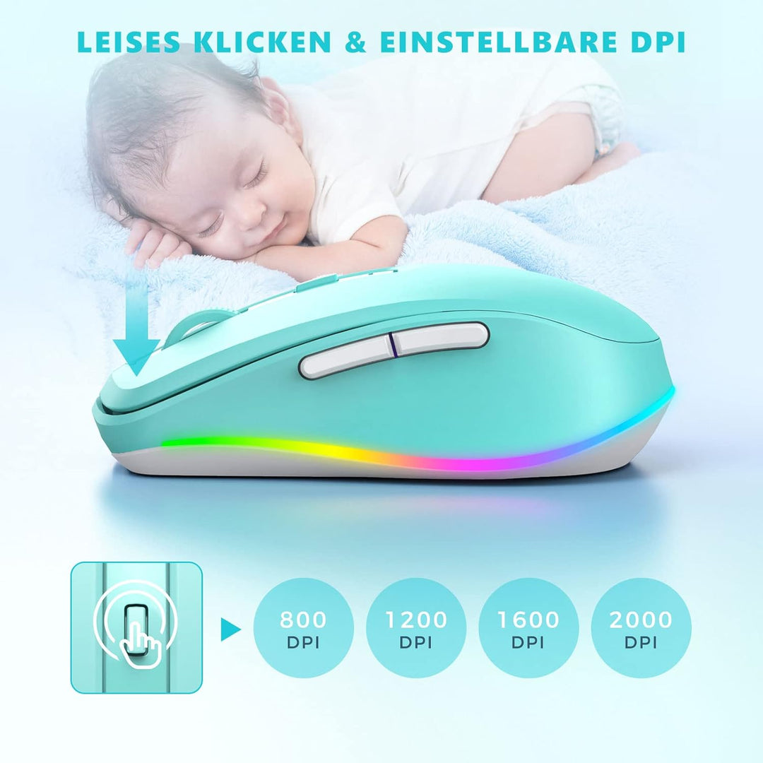 seenda Kabellose Maus mit Jiggler, RGB-Beleuchtung, 2000 DPI, Blaugrün | Wiederaufladbare 2.4G USB V