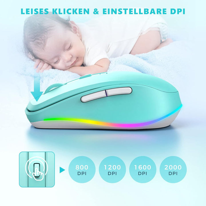 seenda Kabellose Maus mit Jiggler, RGB-Beleuchtung, 2000 DPI, Blaugrün | Wiederaufladbare 2.4G USB V