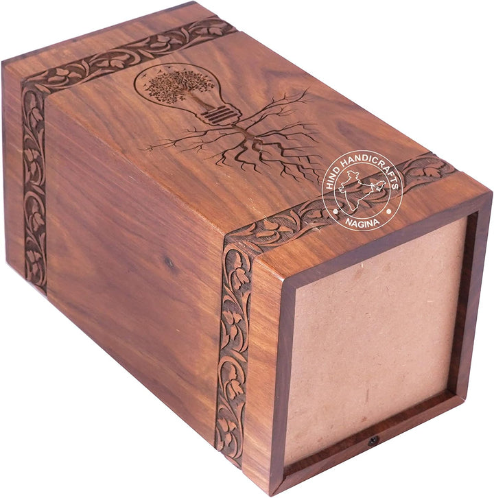 Holzurne mit Blumenmotiv, graviert, für menschliche Asche, für Erwachsene, gross – Holzbeerdigungsur