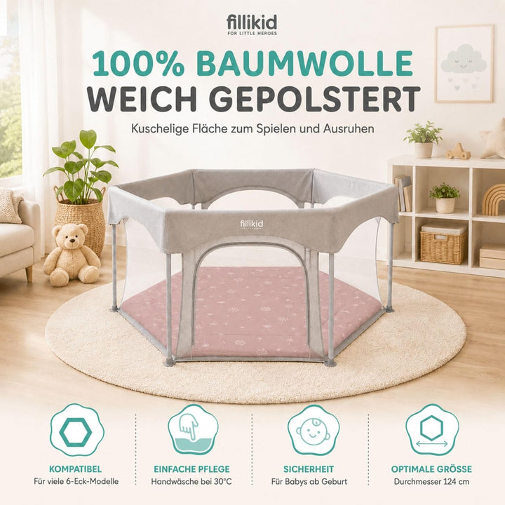 Fillikid Einlage Laufstall 6-eckig Exklusiv | Krabbeldecke Laufgitter 124 cm | Schutzeinlage Laufgit