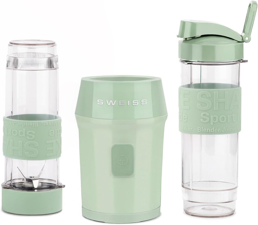 SWEISS Mini-Mixer, Tragbarer Smoothie-Mixer MOOV7, 2 Trinkflaschen à 570 ml mit Reiseverschluss, 4 E