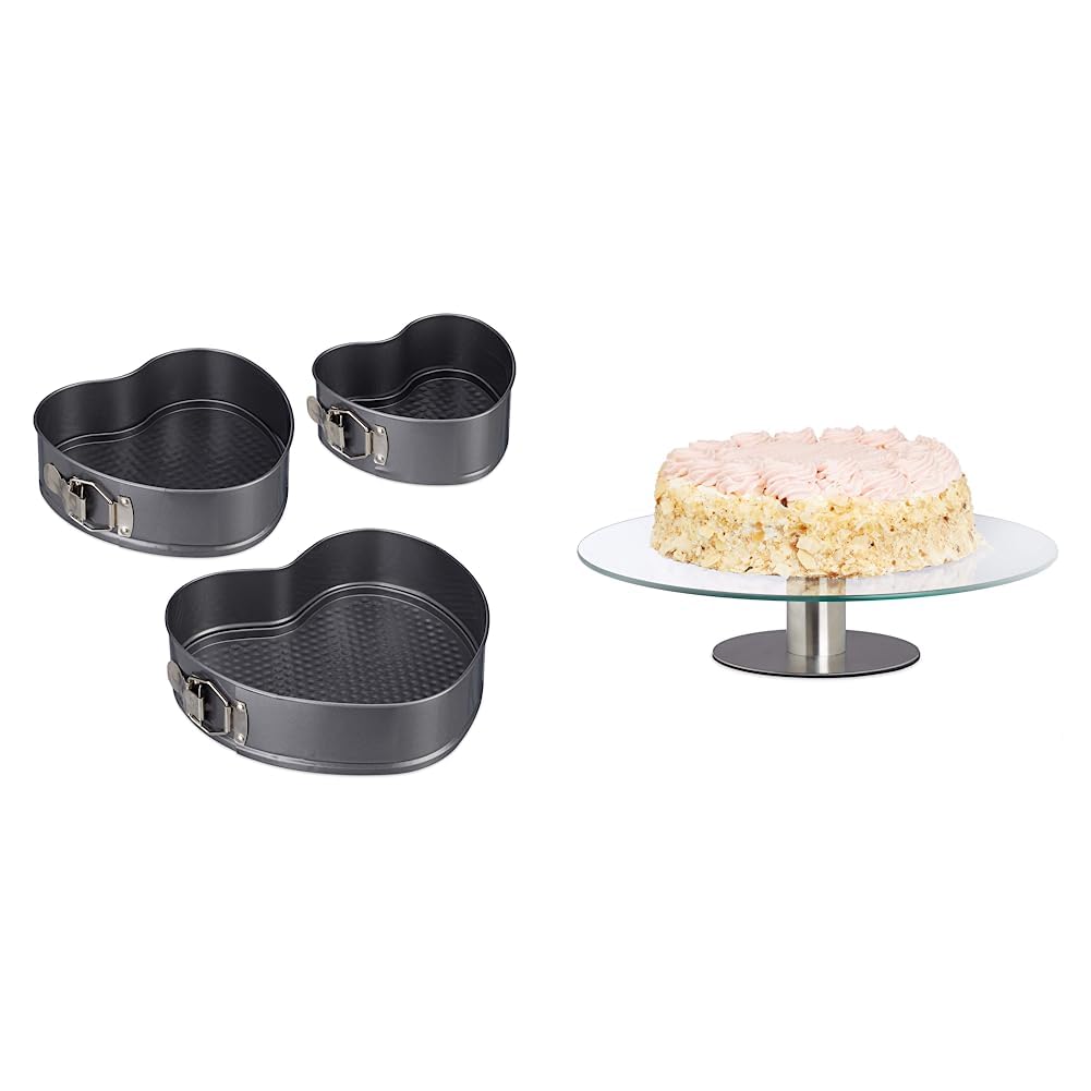Relaxdays Herzbackform 3er Set, romantische Kuchen &amp; Torten &amp; Tortenplatte drehbar, Standfuss, Kuche