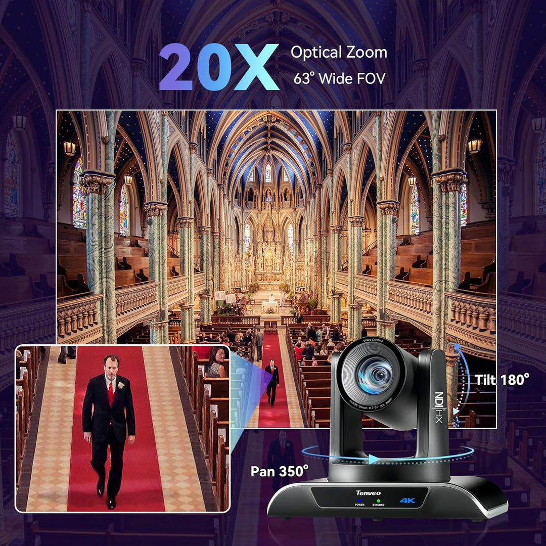 Tenveo 4K PTZ Kamera mit NDI & KI-Tracking – 20x Optischer Zoom, PoE+, für Live-Streaming (OBS/vMix)