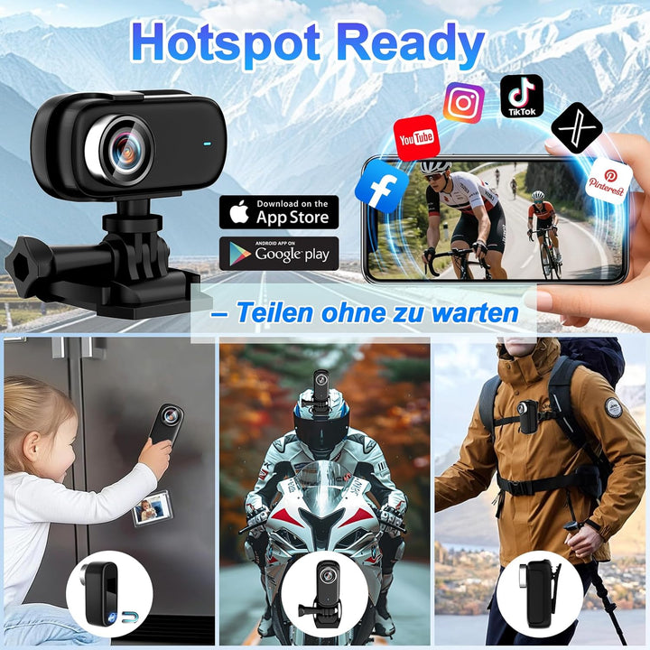 Mini Action Cam WiFi mit Bildschirm, 4K UHD & 150° Weitwinkel IP65 wasserdichte Bodycam 4K 64GB, Tra