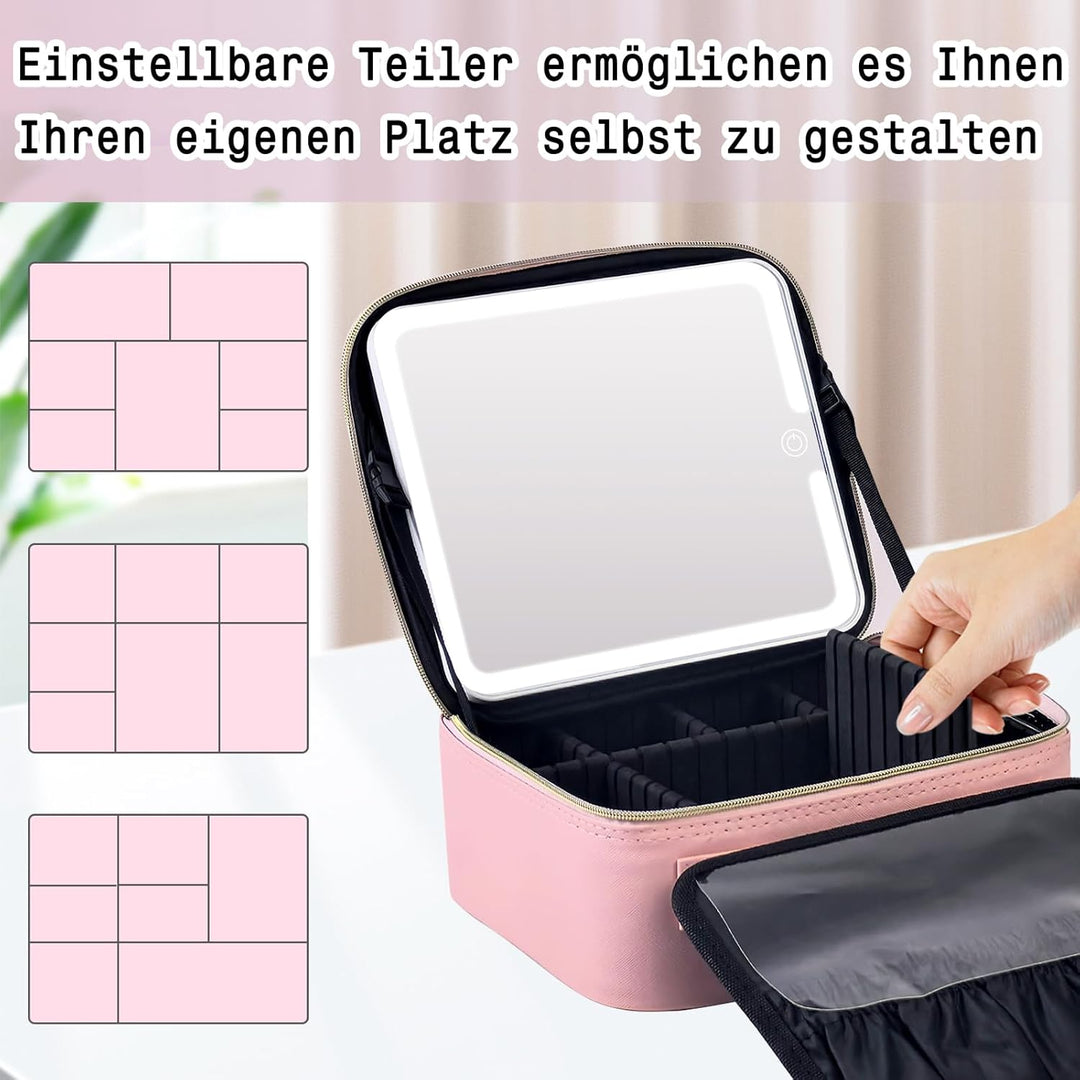 Make up Tasche mit Spiegel，Travel Makeup Bag mit 1/10x Spiegel und 3 Farbe Licht，Make up Organizer T