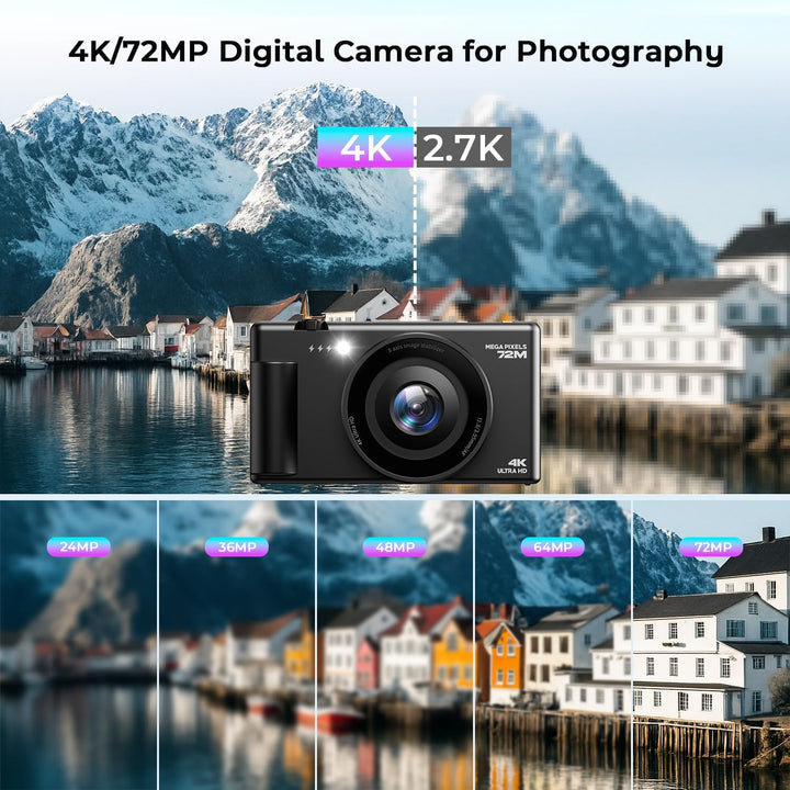 4K Digitalkamera, 72MP Autofokus Digital Kamera 2.8" 270° Klappdisplay Vlogging Kamera für YouTube,