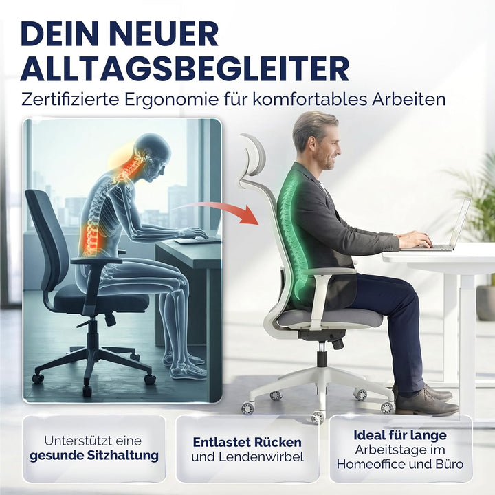 SCHEKKA® Ergonomischer Bürostuhl [verstellbare Lordosenstütze] 3D-Armlehnen | Atmungsaktives Mesh |