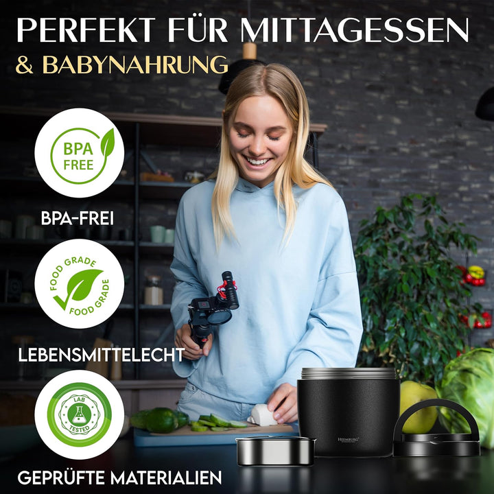 HEEMBURG Thermobehälter für Essen, Henkelmann 1L, Edelstahl, Doppelwand isoliert, Lunchbox Warmhalte