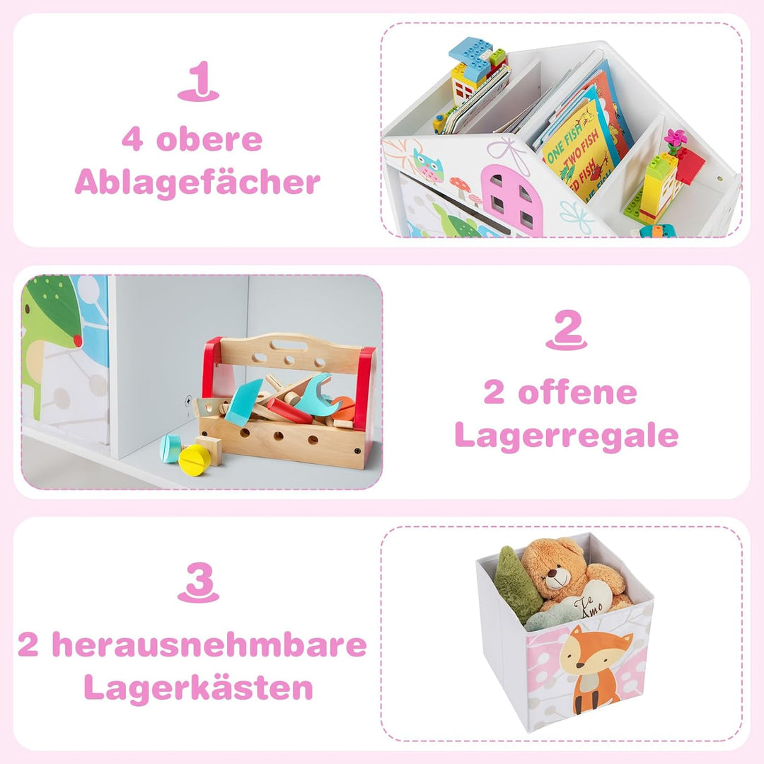 DREAMADE Kinderregal mit 4 Fächer und 2 Aufbewahrungsboxen, Spielzeugregal Spielzeugkiste Spielzeug-