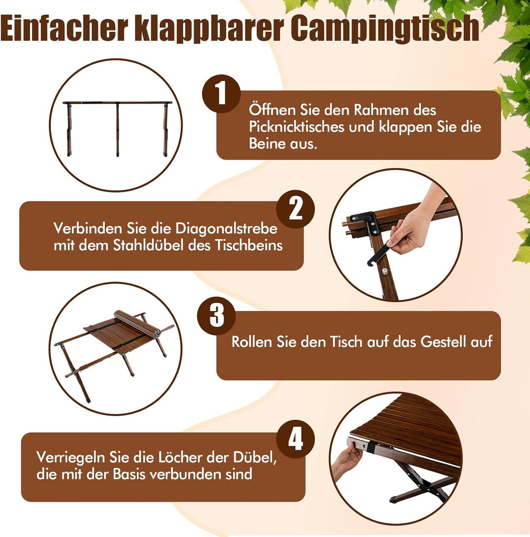 GYMAX Bambus Campingtisch Klappbar Roll-Up Klapptisch 122 x 60 x 43 cm für 4-6 Personen Falttisch mi