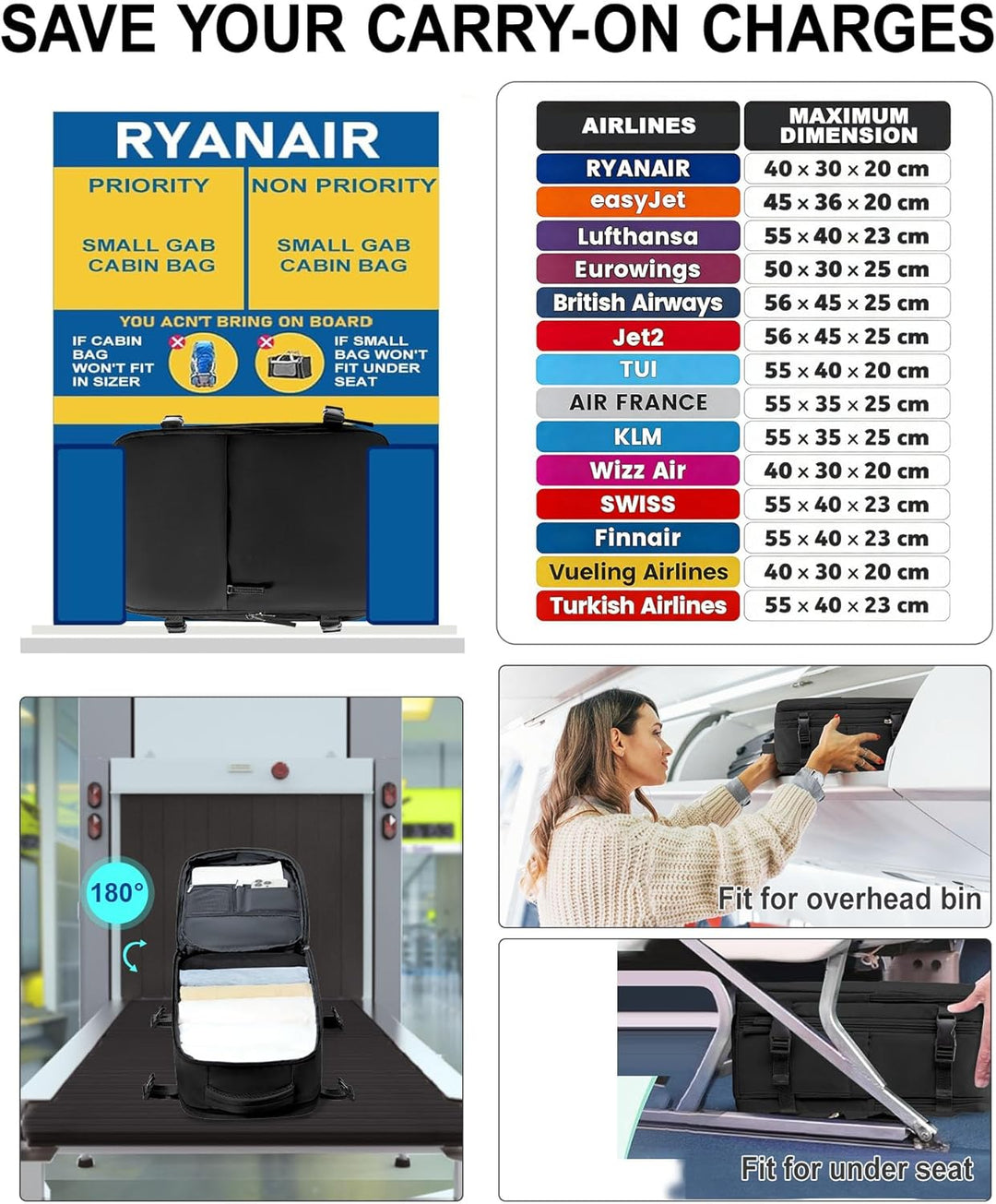 SZLX Vakuum Rucksack Ryanair Handgepäck 40x30x20 Wizzair Rucksack 40x20x25 für Ryanair Reiserucksack