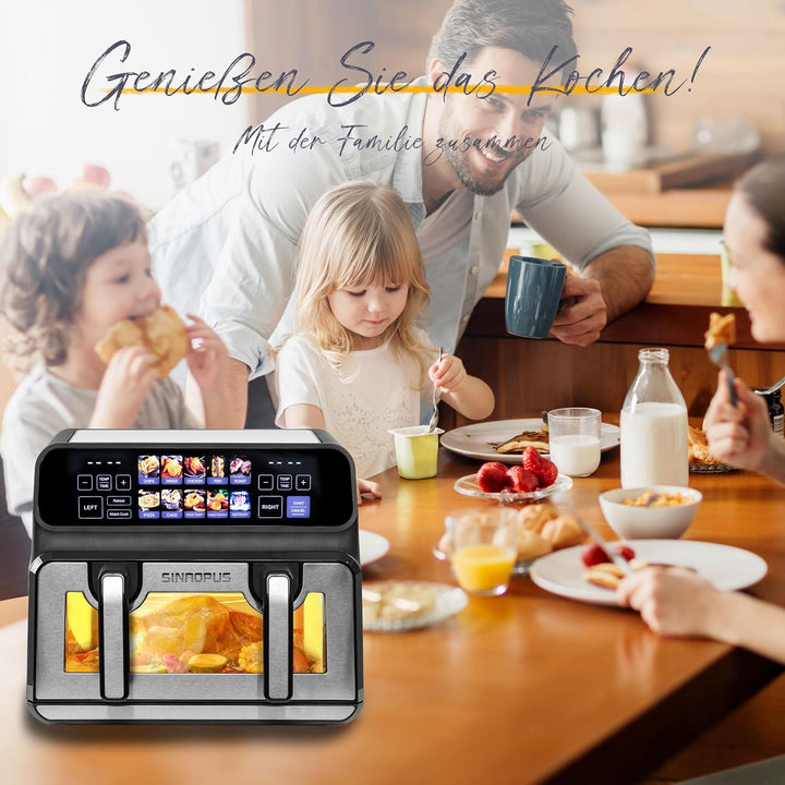 Heissluftfritteuse 9 L Doppelkammer Airfryer – 2200 W Starke Leistung, Sichtfenster, Farb-LED-Displa