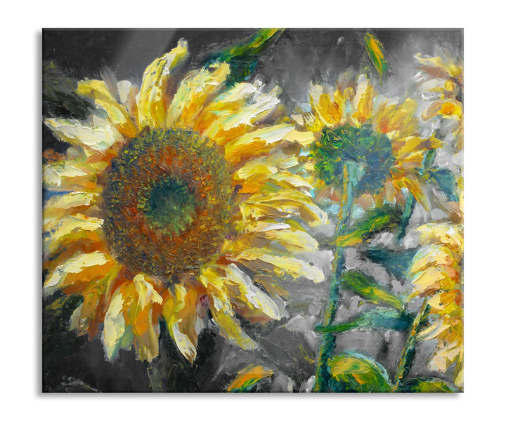 Sonnenblumen vor blauem Hintergrund B&W Detail Herdabdeckplatte & Spritzschutz aus Echtglas | Für He