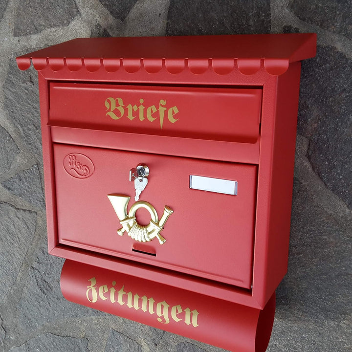 Grosser Briefkasten/Postkasten XXL Rot matt mit Zeitungsrolle Flachdach Katalogeinwurf Zeitungsfach