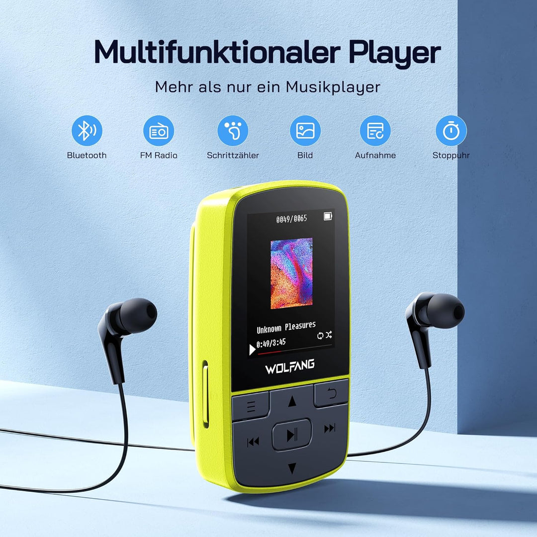 WOLFANG MP3-Player mit Bluetooth 5.2, Sportclip, Mini-Grösse, Gewicht 28,3 g, HiF-FM-Radio, Diktierg