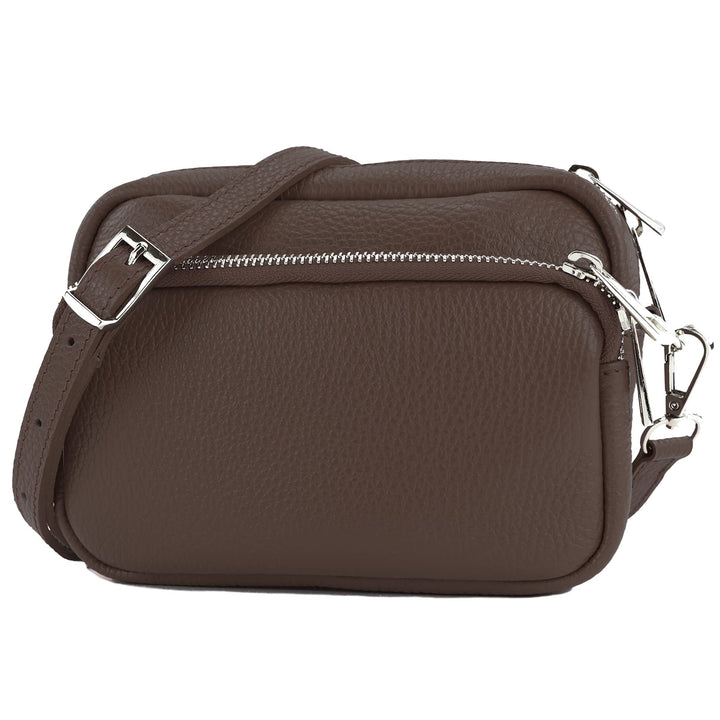 modamoda de - T231 - ital. Umhängetasche Klein Small aus Leder Dark Chocolate, Dark Chocolate