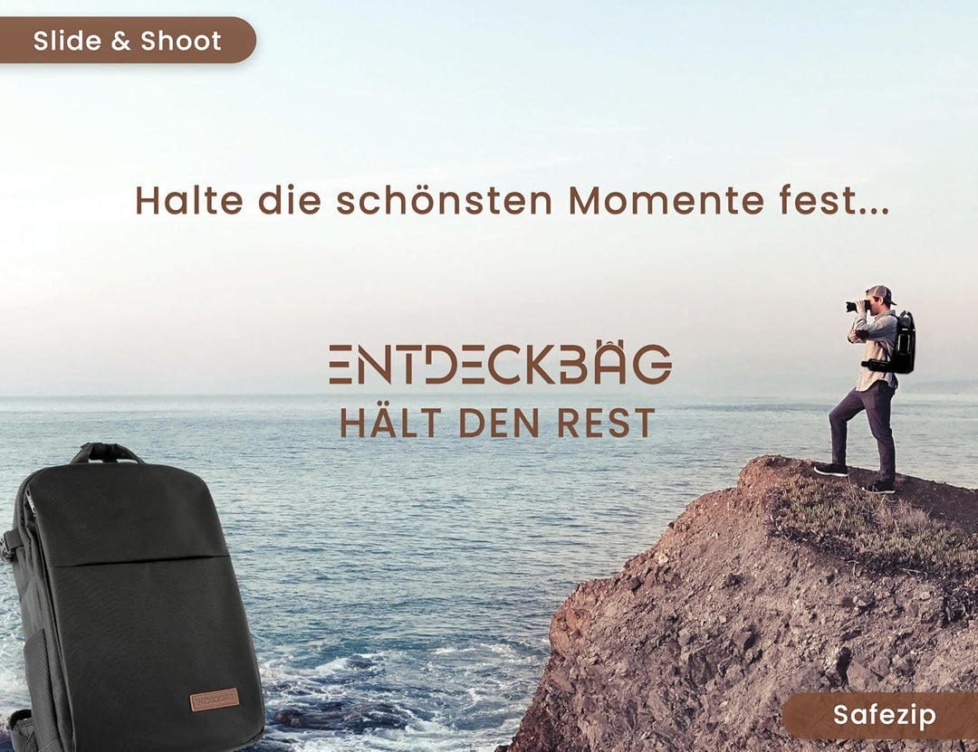 ENTDECKBAG Kamerarucksack Diebstahlsicher [mit Hüftgurt] Stauraum 14” Laptopfach Fotorucksack für Sp