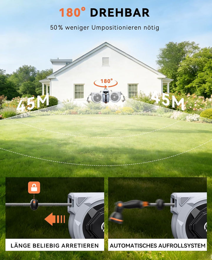 SUNPOW automatische Schlauchtrommel Wasser – 13mm x45m mit Gartenschlauch, zur Wandmontage, 10-Funkt