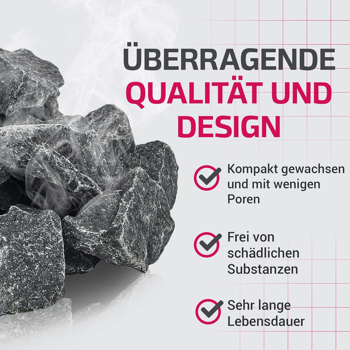 SULENO Original finnische Saunasteine 20kg Olivindiabas Aufgusssteine Dampfstein für Saunaofen Elekt