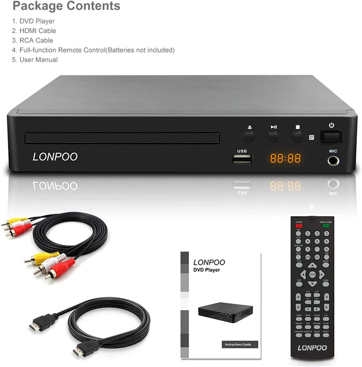 LP-099 DVD Player for TV, Region-Free CD Player with HDMI Connection (1080p Upscaling), AV Output, U
