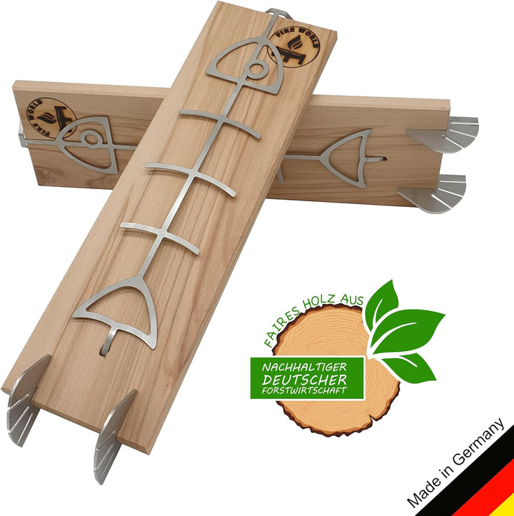 Fire World - Flammlachsbretter - 2er Set Flammlachsbrett - Flammlachsbretter mit Halterung aus Edels