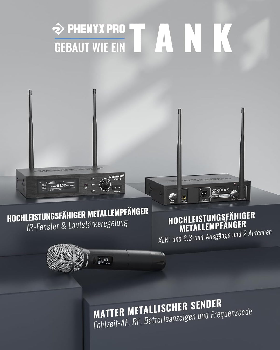 Phenyx Pro True Diversity Wireless Mikrofon System mit 1000 einstellbaren Kanälen, UHF professionell