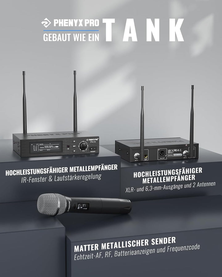 Phenyx Pro True Diversity Wireless Mikrofon System mit 1000 einstellbaren Kanälen, UHF professionell