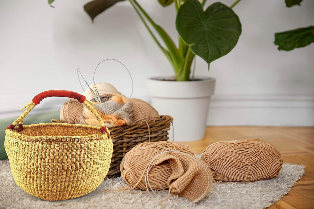 Ciffre ca. 40cm Bolga Rundkorb Korb Afrika Ghana Einkaufskorb Ledergriff Natur Naturfarbe