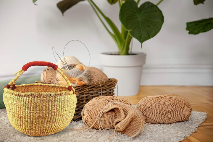 Ciffre ca. 40cm Bolga Rundkorb Korb Afrika Ghana Einkaufskorb Ledergriff Natur Naturfarbe