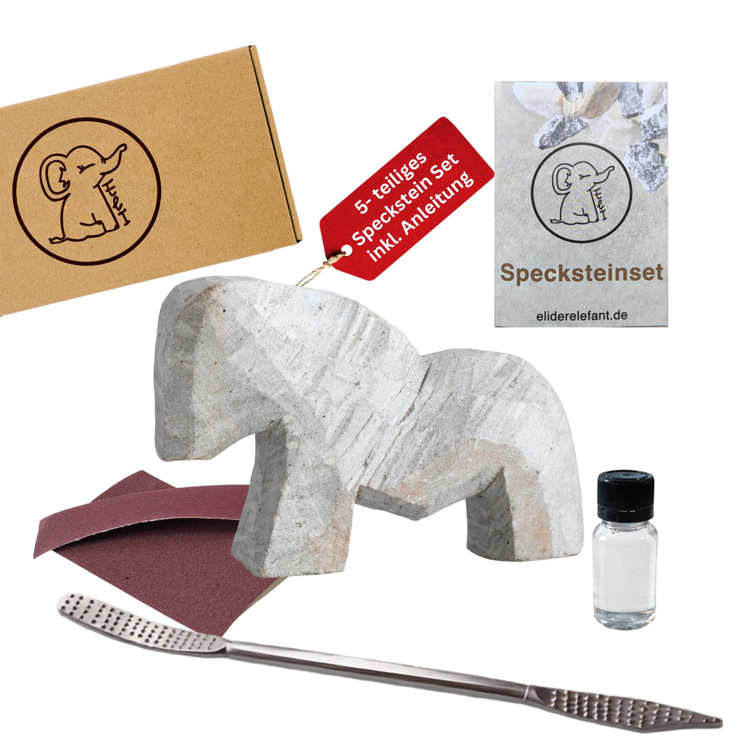 Eli® Speckstein Set - Schnitzset inkl. Pferd Rohling mit Werkzeug | Raspel - Schleifpapier - Schleif