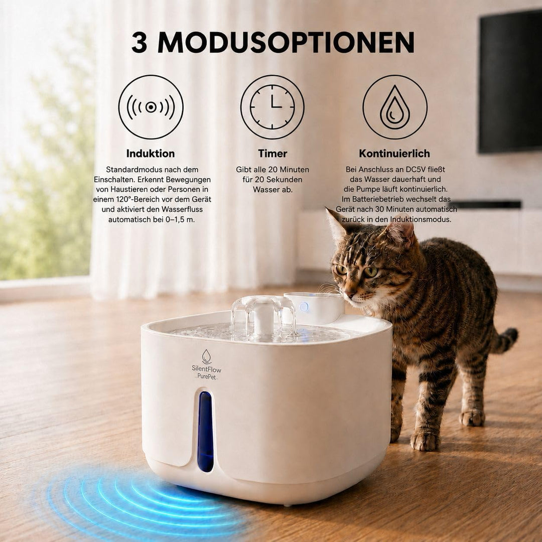 SilentFlow PurePet Katzenbrunnen kabellos 3,2 L – Trinkbrunnen für Katzen &amp; kleine Hunde mit Bewegun
