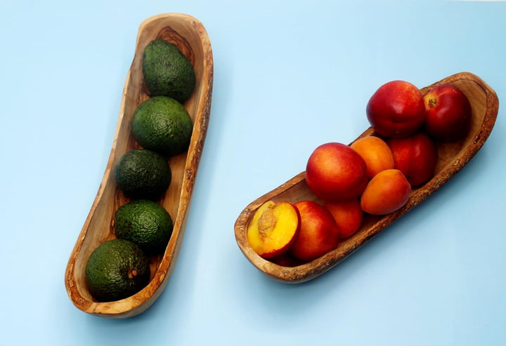 DAGDEG Brotschale aus Olivenholz 30 cm – rustikale Obstschale Holz länglich – Handmade Baguette Scha