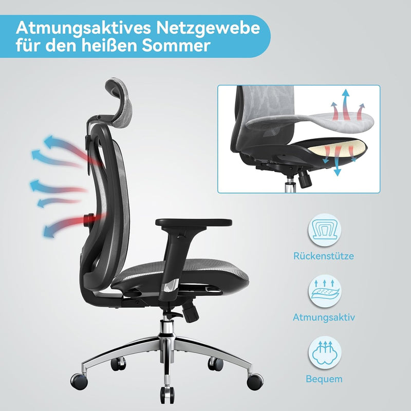 SIHOO Ergonomischer Bürostuhl, Chefsessel mit 3D verstellbare Armlehne und Lendenwirbelstütze, Hautf