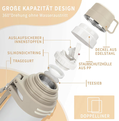 Thermosflasche 1,2L, Thermoskanne mit 2 Becher, Doppelwand aus Edelstahl Isolierflasche, Auslaufsich