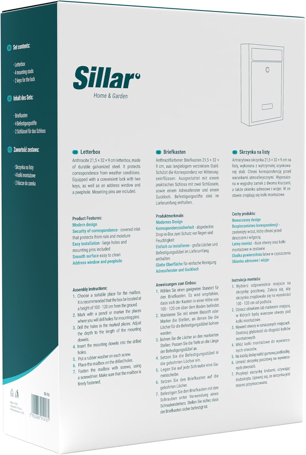 Sillar Briefkasten Wandbriefkasten, mit Schloss, Adressfenster und Sucher | aus verzinktem Stahl, be