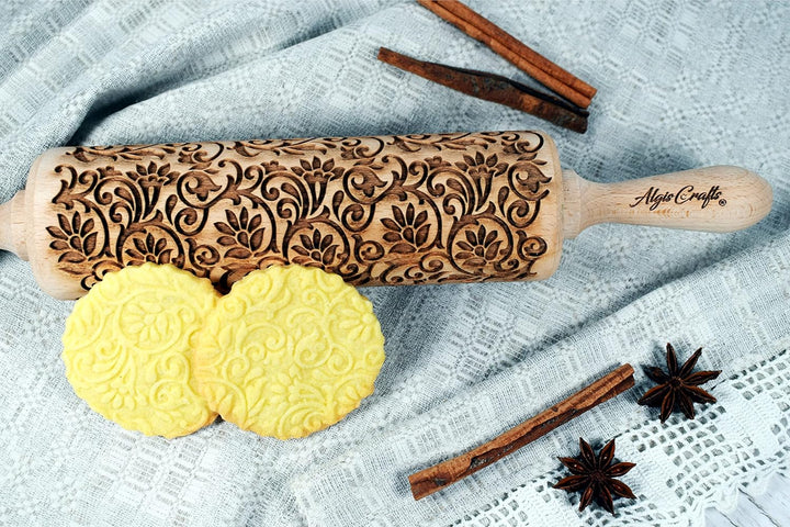 KLETTERBLUMEN Nudelholz. Teigroller mit Blumen für Hausgemachtes Gebäck und Keramik. Gravierte Nudel